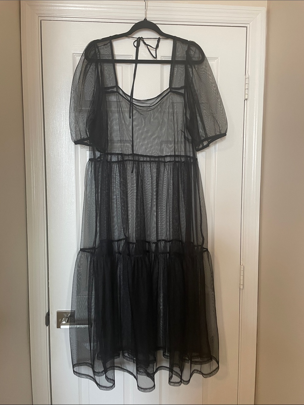 Sheer Black Tiered Midi Dress with Puff Sleeves